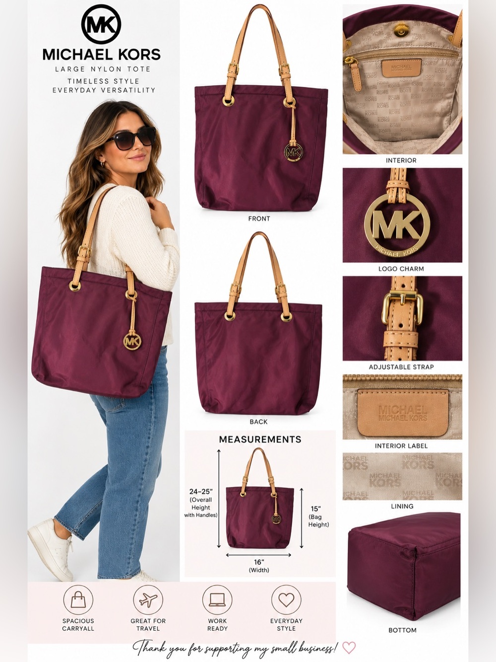 Michael Kors Large Nylon Tote Bag Plum Purple Tan Leather Gold MK Charm